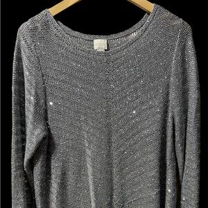 Chicos Shine V-Neck Pullover Sweater Silver Sequins Gray long sleeve size 3